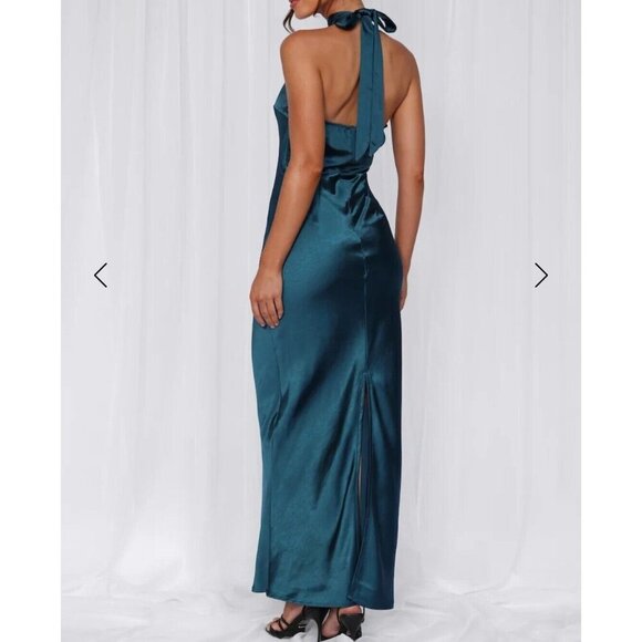 Hello Molly The Cleo Halter Satin Maxi Dress Teal Size L Formal Wedding Prom - Picture 8 of 8